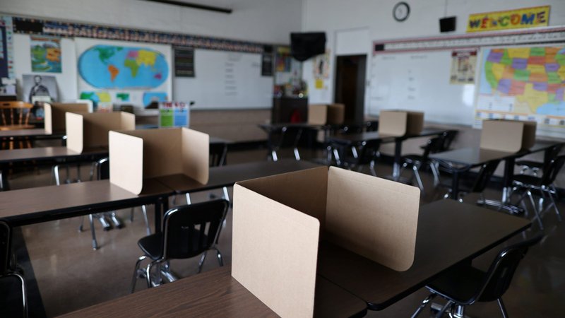Social-distancing dividers for students at St. Benedict School in Montebello, Calif., are seen July 14, 2020. (CNS photo/Lucy Nicholson, Reuters)
