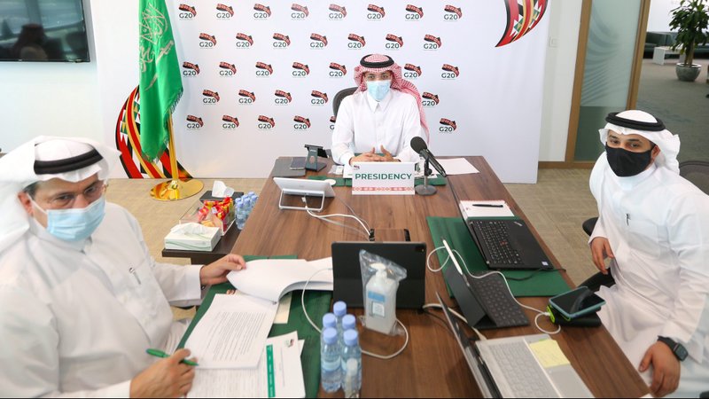 Mohammed al-Jadaan, Saudi Arabia's minister of finance, wears a protective mask as he attends a virtual meeting of G-20 finance ministers and central bank governors July 18, 2020. Advocates say they are disappointed the G-20 meeting did not yield as much help for desperately poor nations struggling during the COVID-19 pandemic as hoped for, and they are urging Catholics to take action now to ensure international finance leaders make the needed decisions in the fall. (CNS photo/G-20 Saudi Arabia via Reuters)
