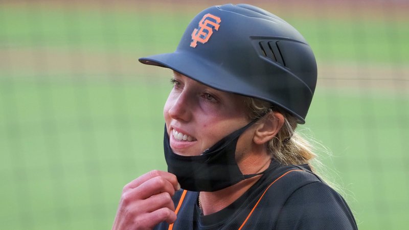 Alyssa Nakken, a coach with the San Francisco Giants, is seen at Oracle Park during an exhibition game against the Oakland A's July 21, 2020. She is Major League Baseball's first female coach. (CNS photo/Kelley L Cox, USA TODAY Sports via Reuters)
