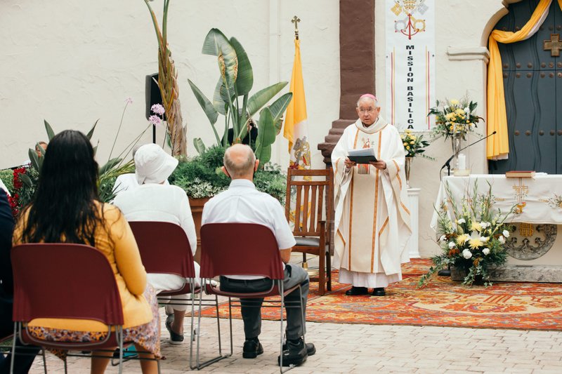 Mission Basilica San Buenaventura was unveiled as the first basilica in the Archdiocese of Los Angeles, and the 88th in the United States, during a special Mass held outside in the mission’s garden on July 15, 2020. (Colton Machado/Archdiocese of LA)