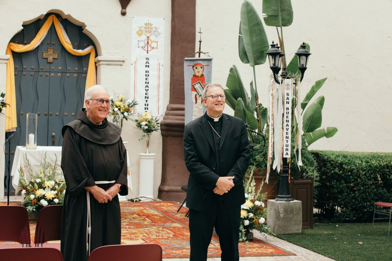 Mission Basilica San Buenaventura was unveiled as the first basilica in the Archdiocese of Los Angeles, and the 88th in the United States, during a special Mass held outside in the mission’s garden on July 15, 2020. (Colton Machado/Archdiocese of LA)