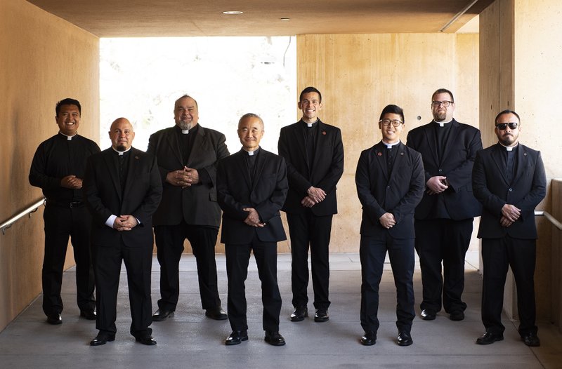 L-R: Louie Reyes, Daniel Garcia, Manuel Ramos, Thomas Park, Michael Mesa, Justin Oh, Jonathan Nestico, and Filiberto Cortez, the “Pandemic Class of 2020,” will be ordained as priests for the Archdiocese of Los Angeles on Aug. 8. (Victor Alemán)