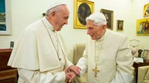 Pope Francis greets Pope Emeritus Benedict XVI Dec. 21, 2018. (Vatican Media via CNA)