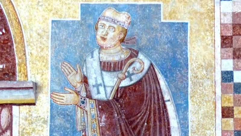 Otto of Bamberg depicted in a Romanesque fresco, Prüfening Abbey, c. 1130. (Wikipedia)