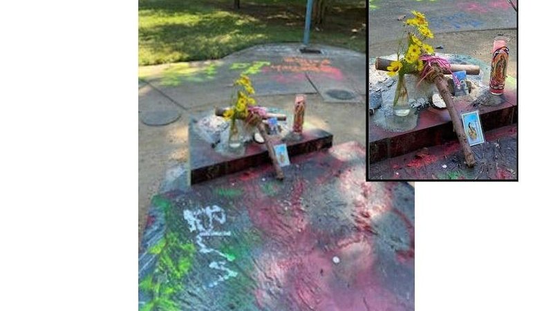 The small prayer shrine Audrey Ortega placed at the former site of a statue of St. Junípero Serra. (Courtesy photo via CNA)