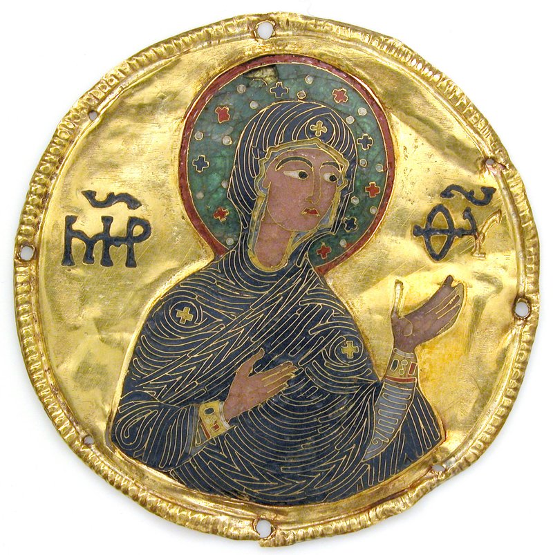 Double-sided pendant icon with the Virgin and Christ Pantokrator, circa 1100. Gold, cloisonné enamel. Made in Constantinople. (Metropolitan Museum of Art)