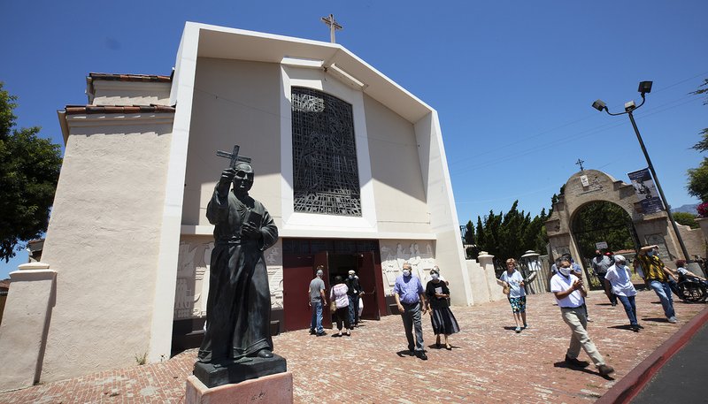Parishioners exit Sunday Mass at the Chapel of the Annunciation at Mission San Gabriel July 12, the day after the devastating fire destroyed Mission San Gabriel Arcángel. (Victor Alemán/Angelus News)