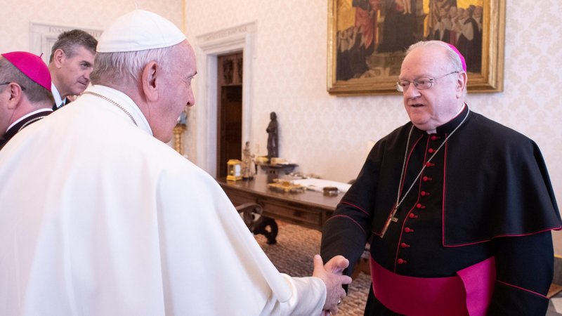 Pope Francis greets Bishop Dennis J. Sullivan of Camden, N.J., during a meeting with U.S. bishops from New Jersey and Pennsylvania in the Apostolic Palace at the Vatican Nov. 28, 2019. Citing dwindling revenues due to COVID-19, the Camden Diocese announce July 31, 2020, it is suspending its participation in the Independent Victim Compensation Program. (CNS photo/Vatican Media)