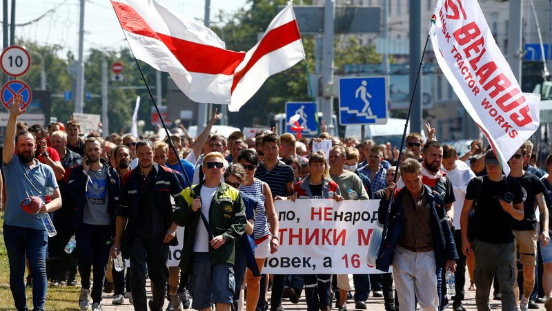 People attend an opposition demonstration to protest presidential election results in Minsk, Belarus, Aug. 17, 2020. (CNS photo/Vasily Fedosenko, Reuters)