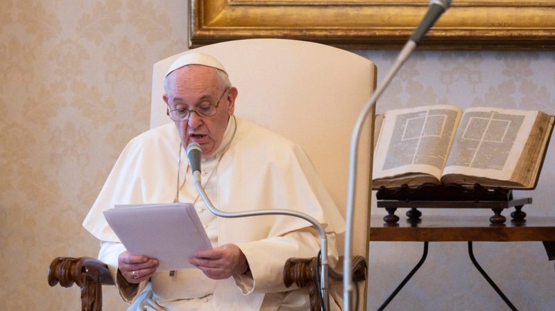 Pope Francis leads his general audience in the library of the Apostolic Palace at the Vatican Aug. 19, 2020. The pope said that the church's preferential option for the poor includes making sure any vaccine developed for COVID-19 helps everyone. (CNS photo/Vatican Media)