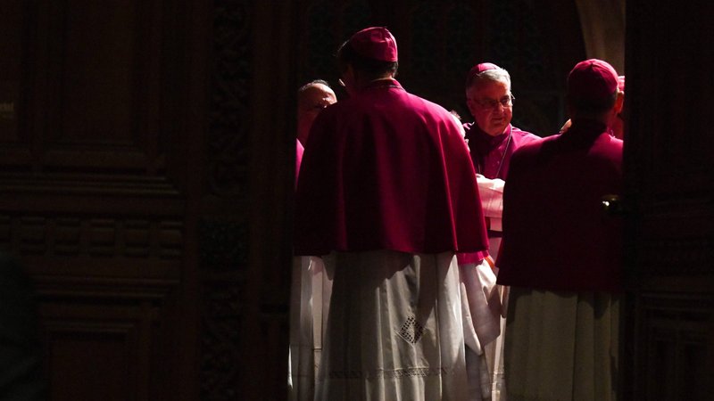 German bishops chat before the opening service of their spring plenary assembly at Mainz Cathedral March 2, 2020. (CNS photo/Harald Oppitz/KNA)