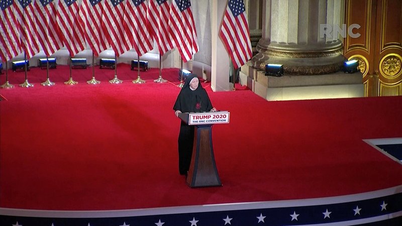 Sister Deirdre Mary Byrne, a sister of the Little Workers of the Sacred Hearts and a retired U.S. Army colonel and board-certified general surgeon, speaks during the Republican National Convention broadcast from Washington Aug. 26, 2020. (CNS photo/Republican National Convention, Handout via Reuters)