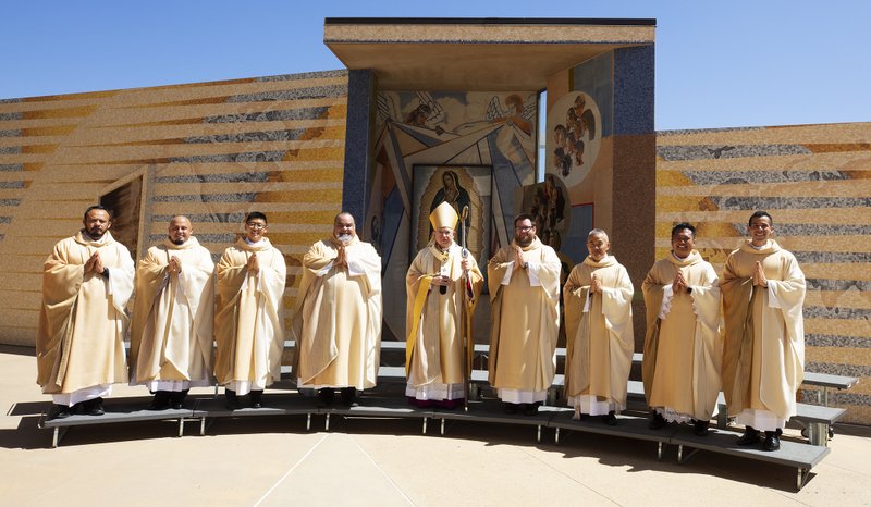Archbishop José H. Gomez ordained eight new priests for the Archdiocese of Los Angeles on Aug. 8 in the plaza of the Cathedral of Our Lady of the Angels. (Victor Alemán)