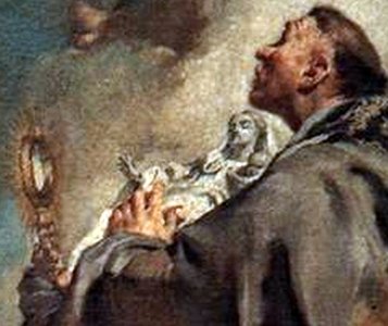 St. Hyacinth with a monstrance and a statue of Mary, a detail from Three Dominican Saints by Giovanni Battista Piazzetta (1738), in the Gesuati Church, Venice, Italy. (Wikipedia)