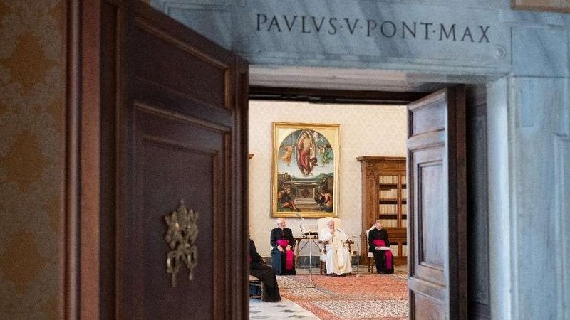 Pope Francis gives his general audience address in the library of the Apostolic Palace Aug. 26. (Vatican Media via CNA)