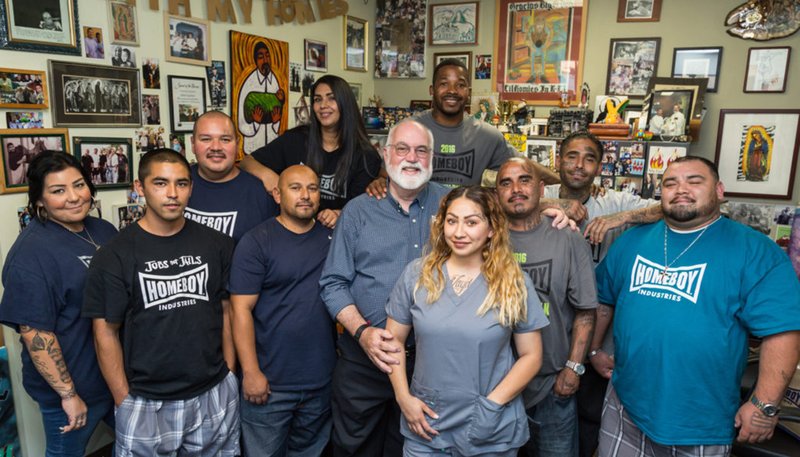 Homeboy Industries founder Father Greg Boyle, S.J., with trainees. (Courtesy Homeboy Industries)