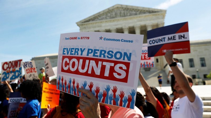 Demonstrators gather outside the U.S. Supreme Court in Washington April 23, 2019, following oral arguments on a citizenship question for the census. A federal court ruled Sept. 10, 2020, that excluding immigrants in the country illegally from the census count would violate the 14th Amendment, which requires the number of House seats each state is allotted to be based on "counting the whole number of persons in each state." (CNS photo/Shannon Stapleton, Reuters)