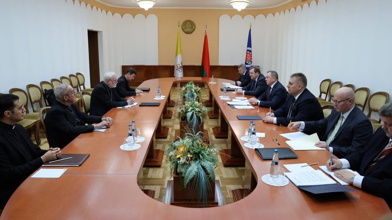 Archbishop Paul R. Gallagher, Vatican foreign minister, third from left, and Belarusian Foreign Minister Vladimir Makei, fourth from right, speak during a meeting in Minsk, Belarus, Sept. 11, 2020. (CNS photo/Maxim Guchek, BelTA handout via Reuters)