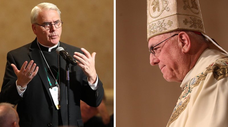 Archbishop Paul S. Coakley of Oklahoma City, chairman of the U.S. Conference of Catholic Bishops' Committee on Domestic Justice and Human Development, and Archbishop Joseph F. Naumann of Kansas City, chairman of the U.S. bishops' Committee on Pro-Life Activities, Kan., are seen in this composite photo. (CNS composite/ photos by Bob Roller)