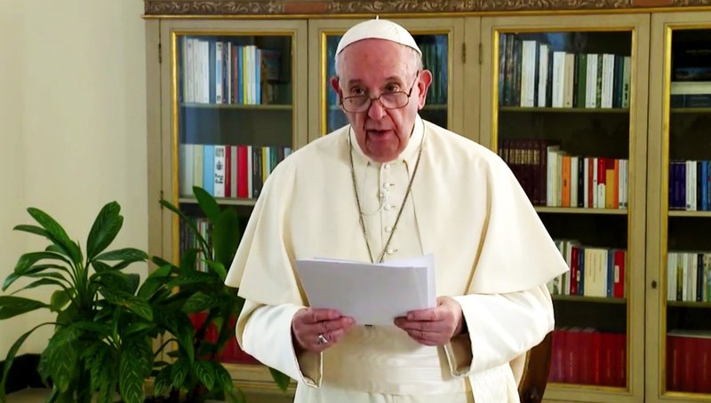 Pope Francis delivers a prerecorded address to the 75th session of the U.N. General Assembly; the recording from the Vatican's Apostolic Palace was aired Sept. 25, 2020. (CNS screenshot/Chaz Muth)