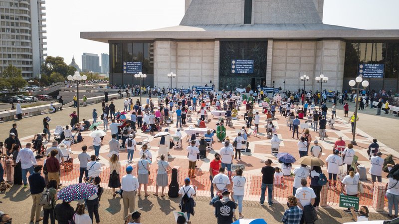 Catholics in San Francisco attend an outdoor Mass during a "Free the Mass" demonstration Sept. 20, 2020. (CNS photo/Dennis Callahan, Archdiocese of San Francisco)