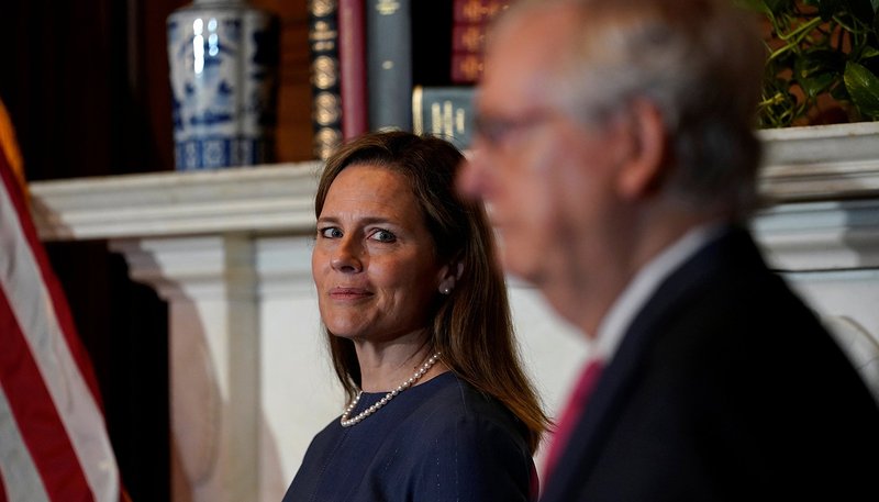 Judge Amy Coney Barrett of the U.S. Court of Appeals for the 7th Circuit, President Donald Trump's nominee for the U.S. Supreme Court, meets with Senate Majority Leader Mitch McConnell, R-Ky., on Capitol Hill in Washington Sept. 29, 2020. (CNS photo/Susan Walsh, Pool via Reuters)