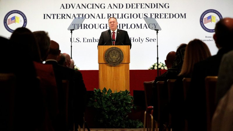 U.S. Secretary of State Mike Pompeo delivers remarks at a symposium on religious freedom in Rome Sept. 30, 2020. The symposium was sponsored by the U.S. Embassy to the Holy See. (CNS photo/Guglielmo Mangiapane, Reuters pool)