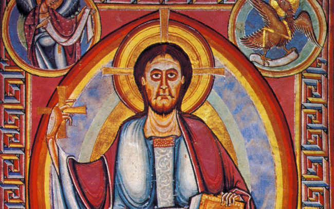 “Christ in Majesty,” Stavelot Bible, Stavelot Monastery, Mosan region, Belgium, compiled 1093-1097. (Wikimedia Commons)