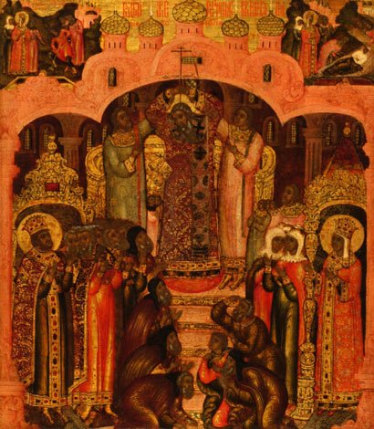 Russian icon of Feast of the Exaltation of the Cross (icon from Yaroslavl by Gury Nikitin, 1680. Tretyakov Gallery, Moscow).