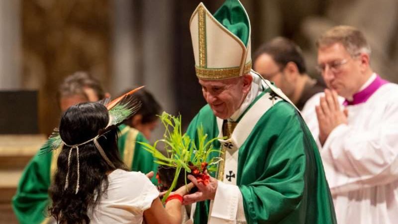 Pope Francis celebrates the closing Mass of Amazon synod October 27, 2019. (Daniel Ibáñez/CNA)