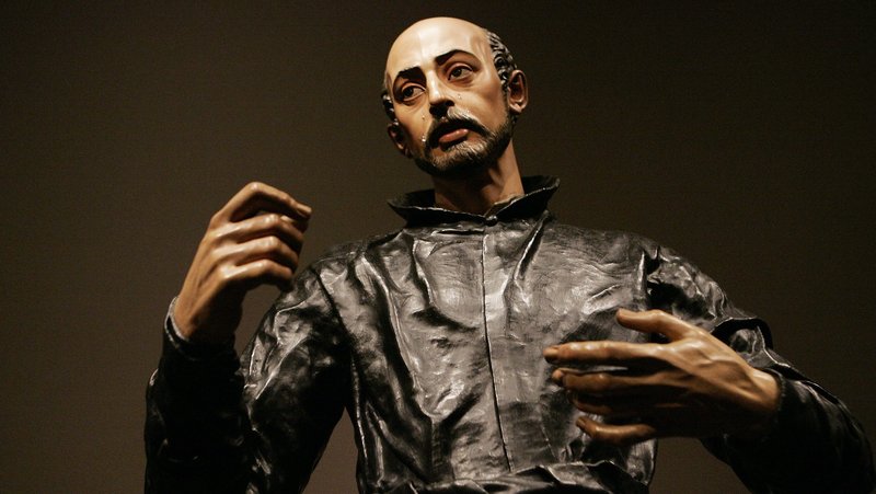 The upper portion of the sculpture "Saint Ignatius Loyola," by Juan Martinez Montanes and Francisco Pacheco, is seen in the exhibit "The Sacred Made Real" at the National Gallery of Art in Washington Feb. 24, 2010. (CNS photo/Nancy Wiechec)