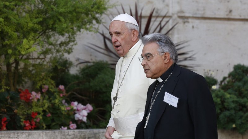 Pope Francis and Italian Bishop Marcello Semeraro of Albano are pictured in a 2019 file photo. The pope recently named Bishop Semeraro, who has been secretary of his Council of Cardinals, to be the new prefect of the Congregation for Saints' Causes. (CNS photo/Paul Haring)