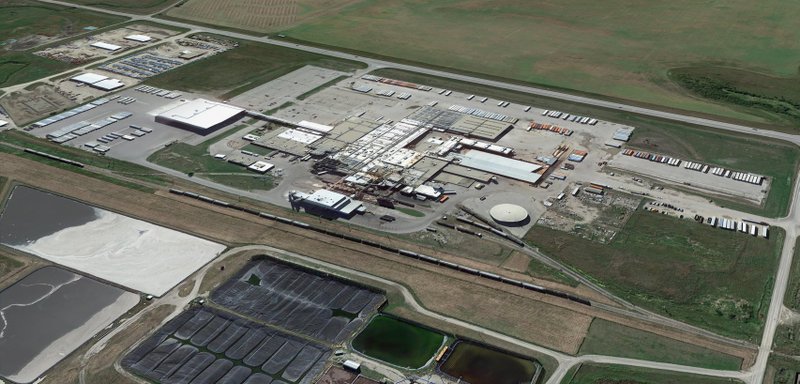 An undated aerial photo shows the Cargill meat-packing plant in High River, Alberta. More than 1,500 cases, resulting in three deaths, were linked to the plant in mid-April. (CNS photo/Google Earth)