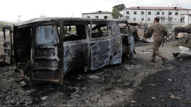 A charred vehicle is seen outside a hospital in Martakert, Azerbaijan, Oct. 15, 2020. Turkeys involvement in the conflict between Armenia and Azerbaijan over the breakaway region of Nagorno-Karabakh and the subsequent targeting of Turkey's Armenian citizens has put additional pressure on the Armenian minority there. (CNS photo/Reuters)