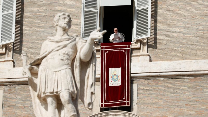 Pope Francis leads the Angelus from the window of his studio overlooking St. Peter's Square at the Vatican Oct. 25, 2020. The pope at the Angelus announced that he will create 13 new cardinals at a Nov. 28 consistory. (CNS photo/Remo Casilli, Reuters)