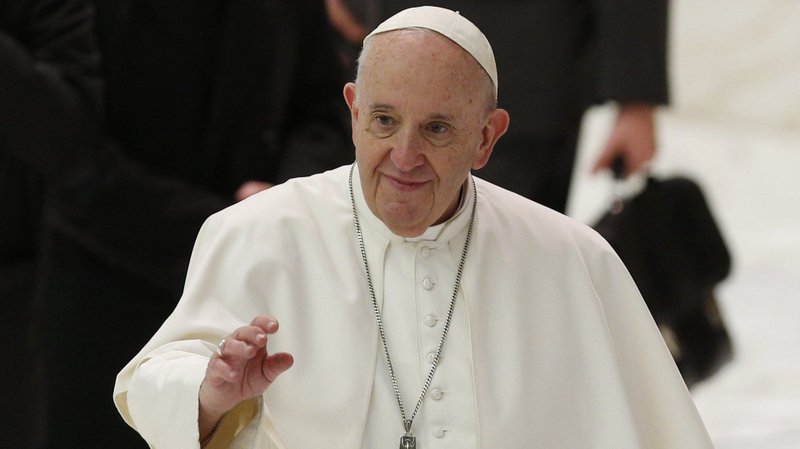 Pope Francis greets the crowd during his general audience in the Paul VI hall at the Vatican Oct. 28, 2020. (CNS photo/Paul Haring)