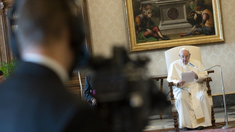 Pope Francis leads his weekly general audience via livestream from the library of the Apostolic Palace at the Vatican June 10, 2020, during the COVID-19 pandemic. The weekly papal audiences will return to being livestreamed without the presence of the faithful in November after a person attending the Oct. 21 audience tested positive for COVID-19. (CNS photo/Vatican Media)