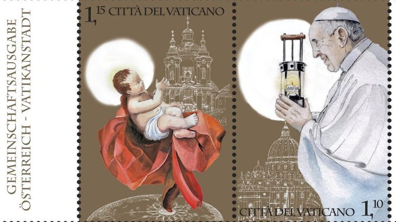 Vatican Christmas stamps for 2020 show the baby Jesus and Pope Francis holding a lantern. The theme of this year's Christmas stamps is "the light of the peace of Bethlehem." This page was jointly issued with Austria. (CNS photo/Vatican stamp and coin office)