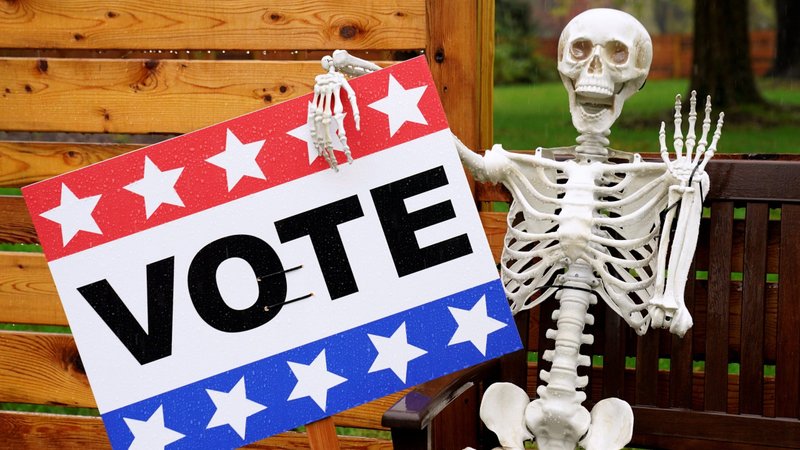 A Halloween skeleton holds a vote sign outside a home in Falls Church, Va., Oct. 29, 2020. (CNS photo/Kevin Lamarque, Reuters)