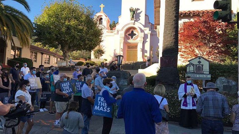 Father Kyle Faller leads prayers at the site of a destroyed statue of St. Junipero Serra on Oct. 13, 2020. (Valerie Schmalz/Archdiocese of San Francisco via CNA)
