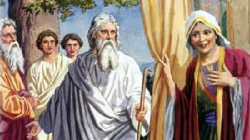 “Sarah and Abraham hosting the three angels,” the Providence Lithograph Company. (Wikipedia)