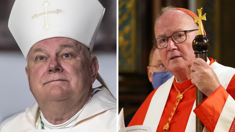 Archbishop Thomas J. Wenski of Miami and New York Cardinal Timothy M. Dolan are seen in this composite photo. They are the nominees for chairman of the U.S. Conference of Catholic Bishops' Committee for Religious Liberty. The bishops will vote for the chairman and chairmen-elect of seven other committees via mail-in balloting before the USCCB's virtual fall assembly Nov. 16-17, 2020. Election results will be announced during the meeting. (CNS photo/Stefano Dal Pozzolo and Gregory A. Shemitz)