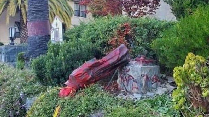 A statue of St. Junípero Serra, which was defaced and torn down by protesters Oct. 12, at Mission San Rafael Arcangel in San Rafael, California. (Courtesy photo via CNA)