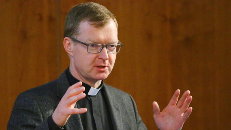 Jesuit Father Hans Zollner, a leading Vatican official dealing with clergy sexual abuse in the church, speaks about the crisis to an audience Jan. 29, 2020, at Villanova University in Pennsylvania. (CNS photo/Sarah Webb, CatholicPhilly.com)