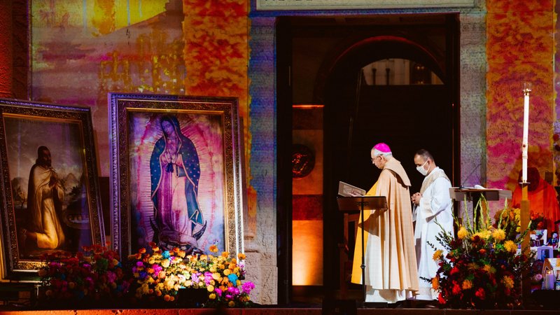 Archbishop José H. Gomez of Los Angeles, president of the U.S. Conference of Catholic Bishops, celebrates a virtual Día de los Muertos vigil at Calvary Cemetery in Los Angeles Nov. 1, 2020. (Colton Machado/Archdiocese of Los Angeles)