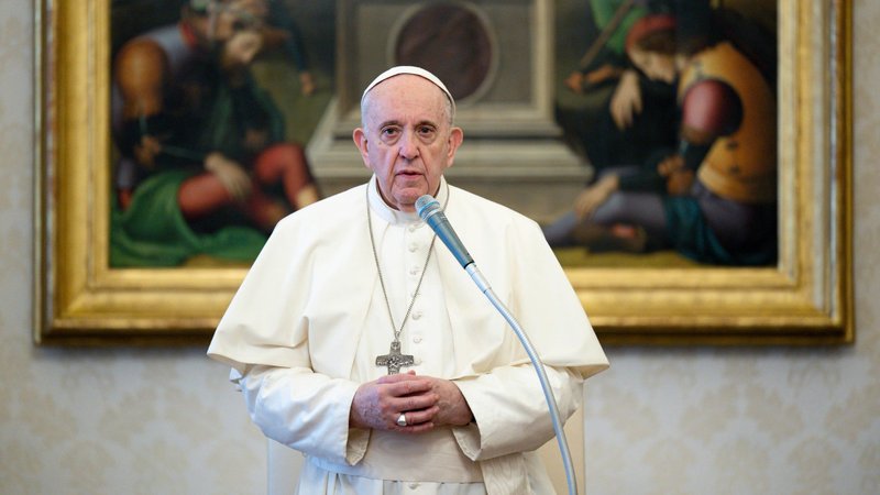 Pope Francis leads his general audience in the library of the Apostolic Palace at the Vatican Nov. 4, 2020. The weekly papal audience returned to being closed to the public as COVID-19 cases increase in Italy. (CNS photo/Vatican Media)