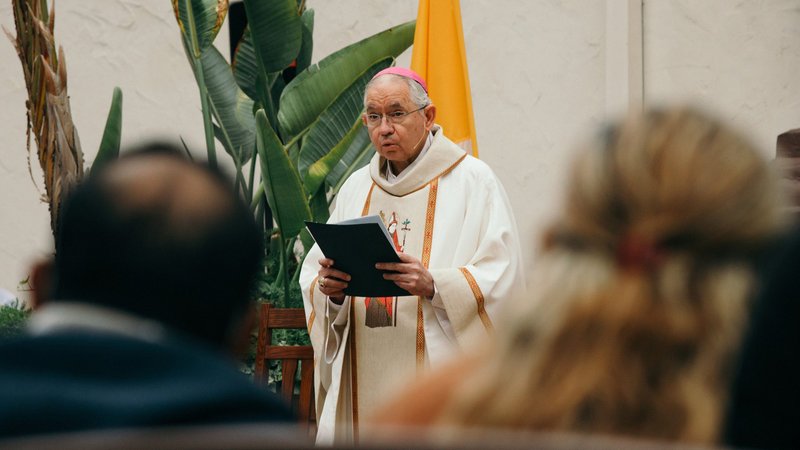 Archbishop Jose H. Gomez of Los Angeles, president of the U.S. Conference of Catholic Bishops, celebrates Mass at the new Mission Basilica San Buenaventura in Ventura, Calif., July 15, 2020. "Please know that my brother bishops and I are committed to doing whatever is in our power to help you move forward and to ensure that no one suffers what you have been forced to suffer," he said to abuse victims after release of the McCarrick Report. (Colton Machado/Archdiocese of Los Angeles)