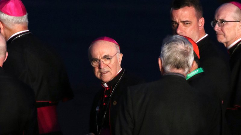 Archbishop Carlo Maria Vigano, then-apostolic nuncio to the United States, is seen during the departure of Pope Francis from Philadelphia International Airport following the popes apostolic visit to the U.S. in 2015. (CNS photo/Gregory A. Shemitz)