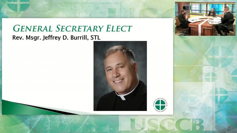 Msgr. Jeffrey D. Burrill is the new general secretary of the U.S. Conference of Catholic Bishops after his Nov. 16, 2020, election to the post by the bishops. The priest, who is currently USCCB associate general secretary, was elected to a five-year term. In the corner of the photo are Detroit Archbishop Allen H. Vigneron, USCCB vice president, Los Angeles Archbishop José H. Gomez, USCCB president, and Msgr. J. Brian Bransfield, outgoing USCCB general secretary, in the studio at the USCCB headquarters in Washington. (CNS photo/Screen Grab)