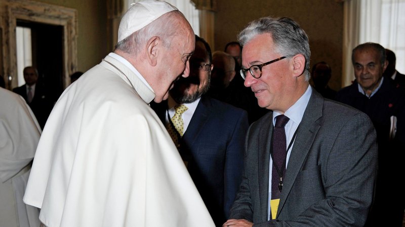 Pope Francis meets author Austen Ivereigh at the Vatican in October 2019. The pope collaborated with Ivereigh on the book, "Let Us Dream: The Path to A Better Future." In the book the pope said he experienced three "COVID moments" in his lifetime: lung problems that threatened his life when he was 21; his "displacement" in Germany in 1986 for studies; and when he was sent away to Cordoba, Argentina, for almost two years in the early 1990s. "Let Us Dream" will be published Dec. 1 by Simon & Schuster. (CNS photo/Vatican Media)